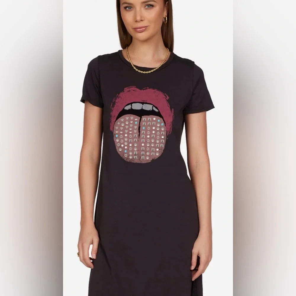 Stars & Stripes Lips Diamond TONGUE TEE LAUREN MOSHI Shirt Dress Black - flaw - Picture 4 of 12